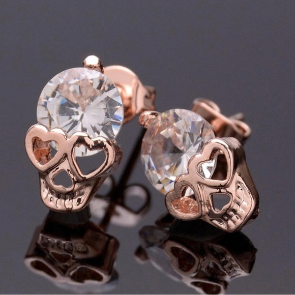 Earrings Skulls Rhinestone Hearts with Rose Gold Tone Studs Small Unisex - Picture 5 of 6
